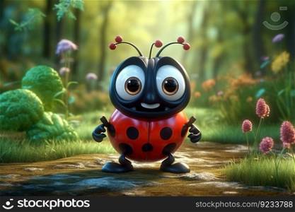 a cute adorable ladybug character stands in nature in the style of children-friendly cartoon animation fantasy created by AI