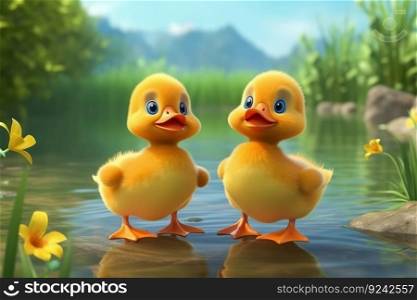 a cute adorable two baby ducks in nature rendered in the style of children-friendly cartoon animation fantasy style  created by AI