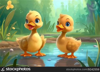 a cute adorable two baby ducks in nature rendered in the style of children-friendly cartoon animation fantasy style  created by AI