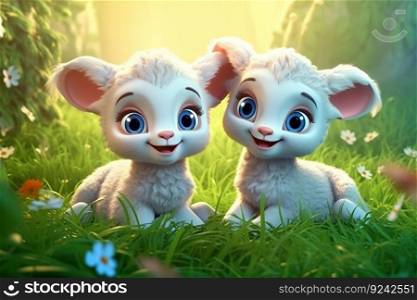 a cute adorable two baby lambs in nature rendered in the style of children-friendly cartoon animation fantasy style  created by AI