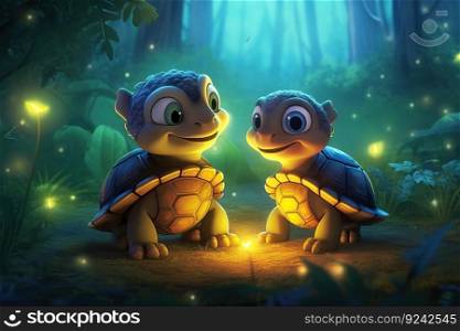 a cute adorable two baby turtles , by night vith light in forest, rendered in the style of children-friendly cartoon animation fantasy style  created by AI