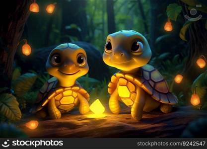 a cute adorable two baby turtles , by night vith light in forest, rendered in the style of children-friendly cartoon animation fantasy style  created by AI