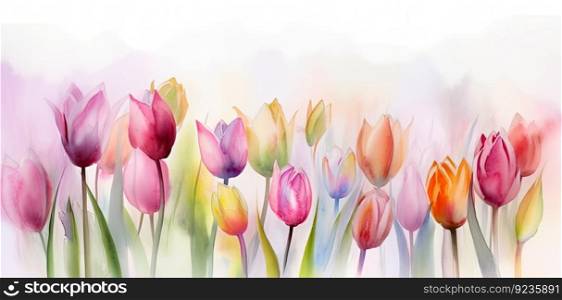 A cute and colorful watercolor tulip background with soft focus and lively hues. Perfect for decorative use by generative AI