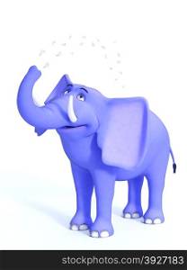 A cute blue cartoon elephant splashing water on itself with its trunk. White background.