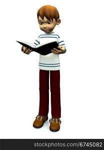 A cute cartoon boy looking angry when reading a book he is holding in his hands. White background.. Cute cartoon boy reading book.