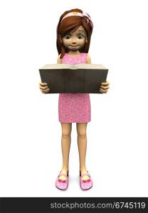 A cute cartoon girl in pink dress reading a book she is holding in her hands. White background.. Cute cartoon girl reading book.