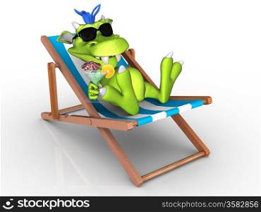 A cute cartoon monster relaxing in a beach chair. He is wearing sun glasses and holding an exotic drink in his hand. White background.. Cute cartoon monster relaxing in a beach chair.