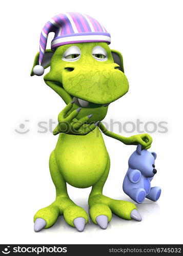 A cute cartoon monster wearing a nightcap and holding a teddy. He is yawning because he is tired. The monster is green. White background.. Tired cute cartoon monster wearing nightcap.