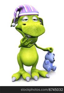 A cute cartoon monster wearing a nightcap and holding a teddy. He is yawning because he is tired. The monster is green. White background.. Tired cute cartoon monster wearing nightcap.