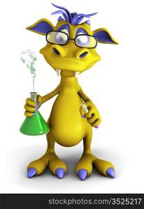 A cute cartoon monster wearing glasses and doing an experiment. He is holding a beaker with smoke coming out from it. White background.. Cute cartoon monster doing an experiment.