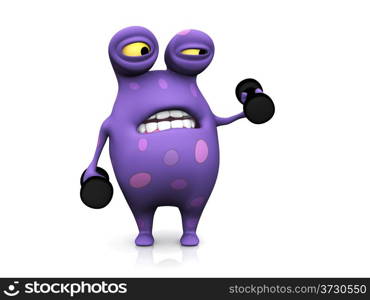 A cute charming cartoon monster exercising with dumbbells. He looks like it&rsquo;s too heavy. The monster is purple with big spots. White background.