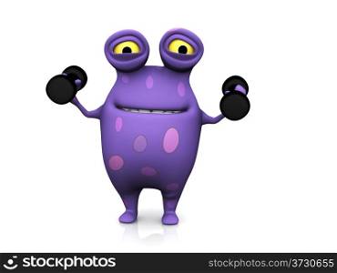 A cute charming cartoon monster exercising with dumbbells. He looks a bit strained. The monster is purple with big spots. White background.. A spotted monster exercising with dumbbells.