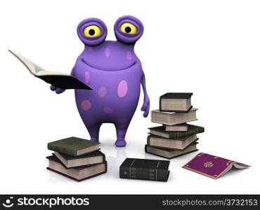A cute charming cartoon monster holding a book in his hand. The monster is purple with big spots. He is surrounded by piles of books. White background.. A spotted monster holding a book.