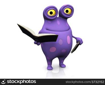 A cute charming cartoon monster holding books in his hands. The monster is purple with big spots. White background.. A spotted monster holding books.