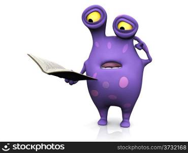 A cute charming cartoon monster reading a book and looking very confused. The monster is purple with big spots. White background.. A spotted monster reading book and looking confused.