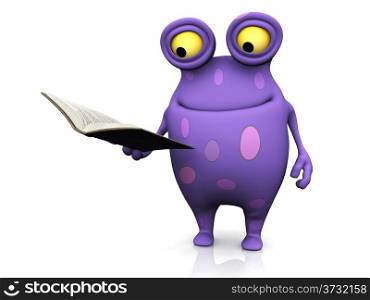 A cute charming cartoon monster reading a book he is holding in his hand. The monster is purple with big spots. White background.. A spotted monster holding a book.