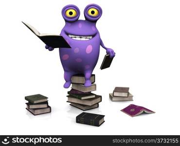 A cute charming cartoon monster sitting on a pile of books and reading. Several piles of books are on the floor around him. The monster is purple with big spots. White background.. A spotted monster sitting on a pile of books.