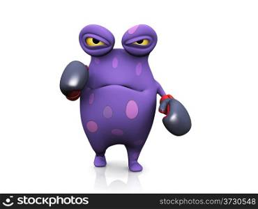 A cute charming cartoon monster wearing boxing gloves. He looks angry, ready to fight. The monster is purple with big spots. White background.
