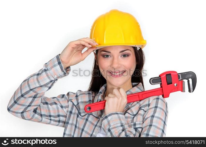 A cute construction worker with a wrench.
