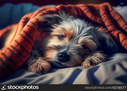  A cute Dog is sleeping on a bed under a  knitted blanket. Generative AI
