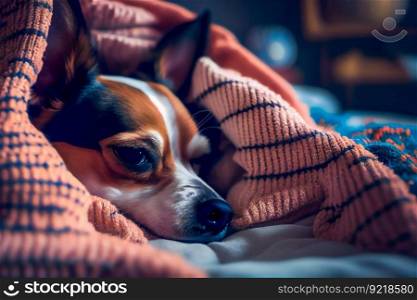  A cute Dog is sleeping on a bed under a  knitted blanket. Generative AI 