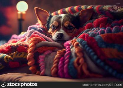  A cute Dog is sleeping on a bed under a  knitted blanket. Generative AI 