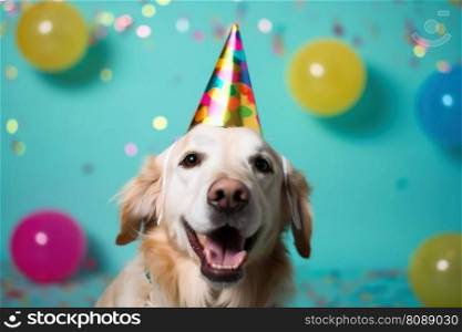 A cute dog with a party hat and party glitter created with generative AI technology
