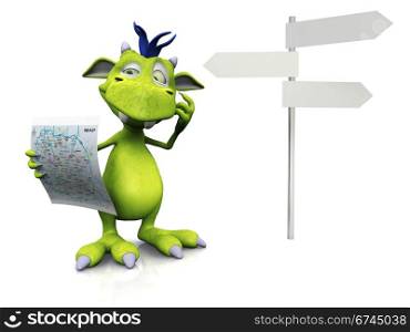 A cute friendly cartoon monster holding a map in his hand. He looks like he is thinking about something. There is a blank street sign beside him. The monster is green with blue hair. White background.. Cute cartoon monster holding a map.