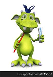 A cute friendly cartoon monster holding a red toothbrush in one hand and a toothpaste in the other hand. The monster is green with blue hair. White background.. Cute cartoon monster holding toothbrush and toothpaste.