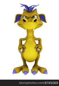 A cute friendly cartoon monster looking very annoyed. The monster is yellow with purple hair. White background.. Cute cartoon monster looking very annoyed.