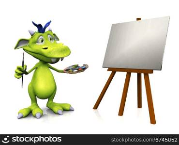 A cute friendly cartoon monster standing in front of a blank canvas on an easel, holding a brush in one hand and an artist palette in the other. The monster is green with blue hair. White background.. Cute cartoon monster painting.