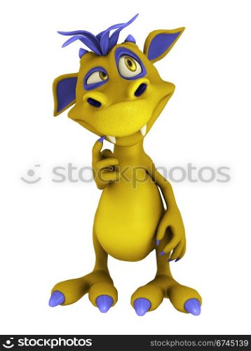 A cute friendly cartoon monster thinking about something. The monster is yellow with purple hair. Isolated on white background.. Cute cartoon monster thinking about something.