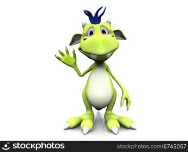 A cute friendly cartoon monster waving his hand. The monster is green with blue hair. White background.. Cute cartoon monster waving.