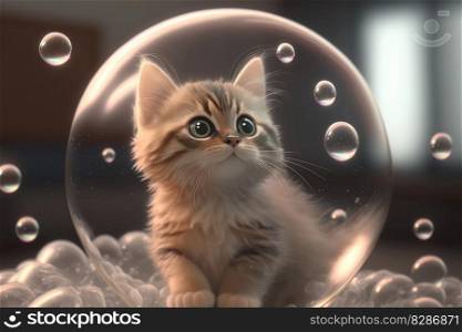 A cute japanese anime style kitten cat in soap bubble. distinct generative AI image.. A cute japanese anime style kitten cat in soap bubble