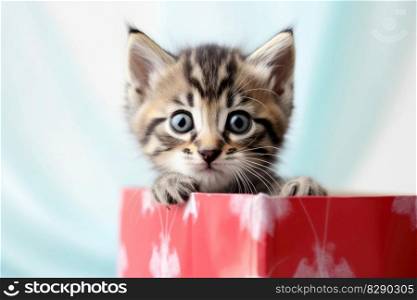 A cute kitten looking out of a present box created with generative AI technology