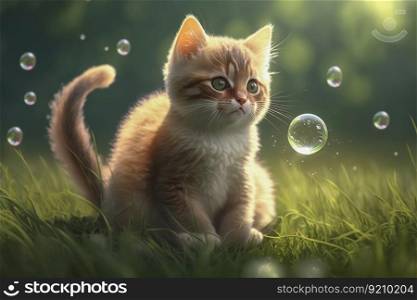 A cute kitten plays with soap bubbles in the flat grass created with generative AI technology