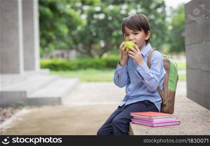 A cute little boy wearing a blue shirt and carrying a student backpack receive apple from mother for breakfast before go to school.Breakfast is important for child development.health and wellness.