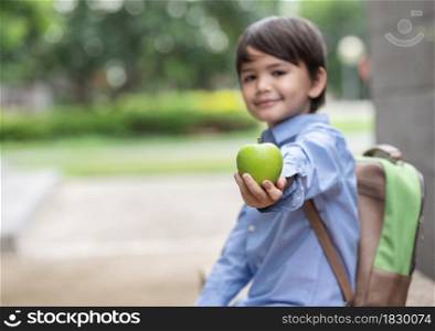 A cute little boy wearing a blue shirt and carrying a student backpack show apple for breakfast before go to school.Breakfast is important for child development.health and wellness.