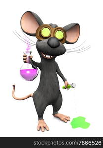 A cute mad laughing cartoon mouse wearing glasses and doing a science &#xA;experiment. He is holding a beaker with smoke coming out from it and a test tube which is dripping on the floor. White background.