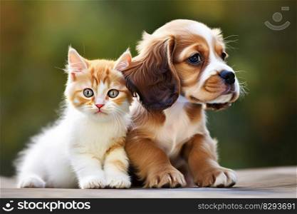 A cute puppy and kitten cuddling together by generative IA