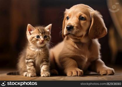 A cute puppy and kitten sitting together on the floor by generative AI