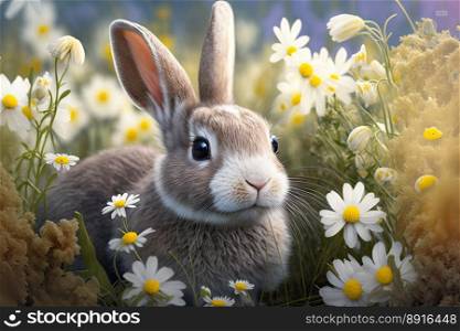 A cute small rabbit in the meadow with many colourful flowers around. Generative AI