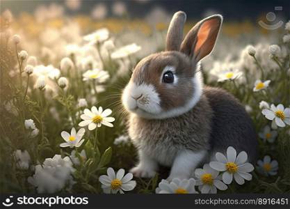 A cute small rabbit in the meadow with many colourful flowers around. Generative AI