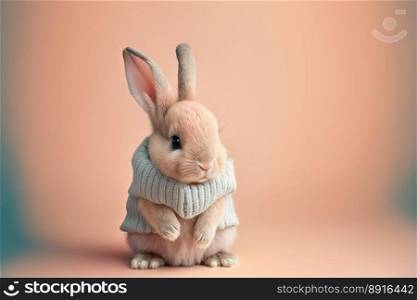 A cute small rabbit wearing a grey  woolen jersey on a orange background. Generative AI