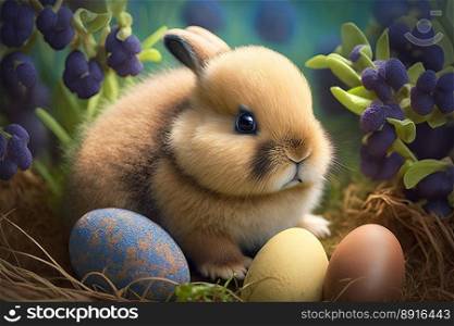 A cute small rabbit with many colourful easter eggs around. Generative AI