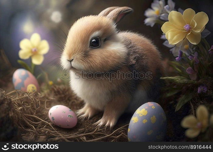 A cute small rabbit with many colourful easter eggs around. Generative AI