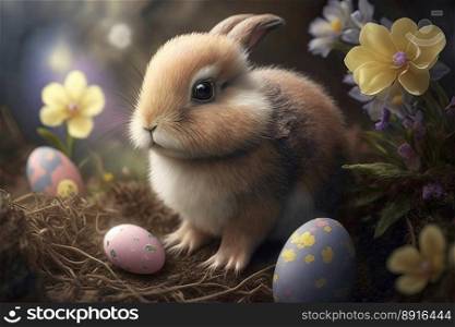A cute small rabbit with many colourful easter eggs around. Generative AI
