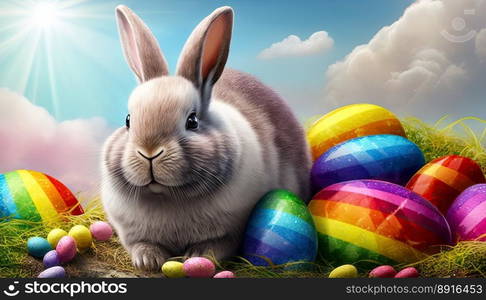 A cute small rabbit with many colourful easter eggs around. Generative AI