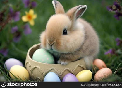 A cute small rabbit with many colourful easter eggs around. Generative AI