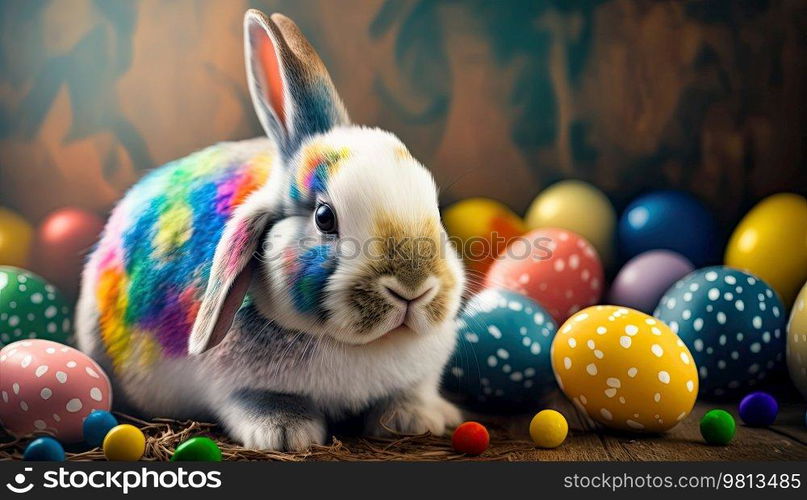 A cute small rabbit with many colourful easter eggs around. Generative AI